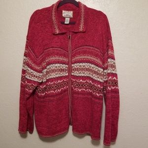 Zippered Sweater Cardigan Red Cream 3x